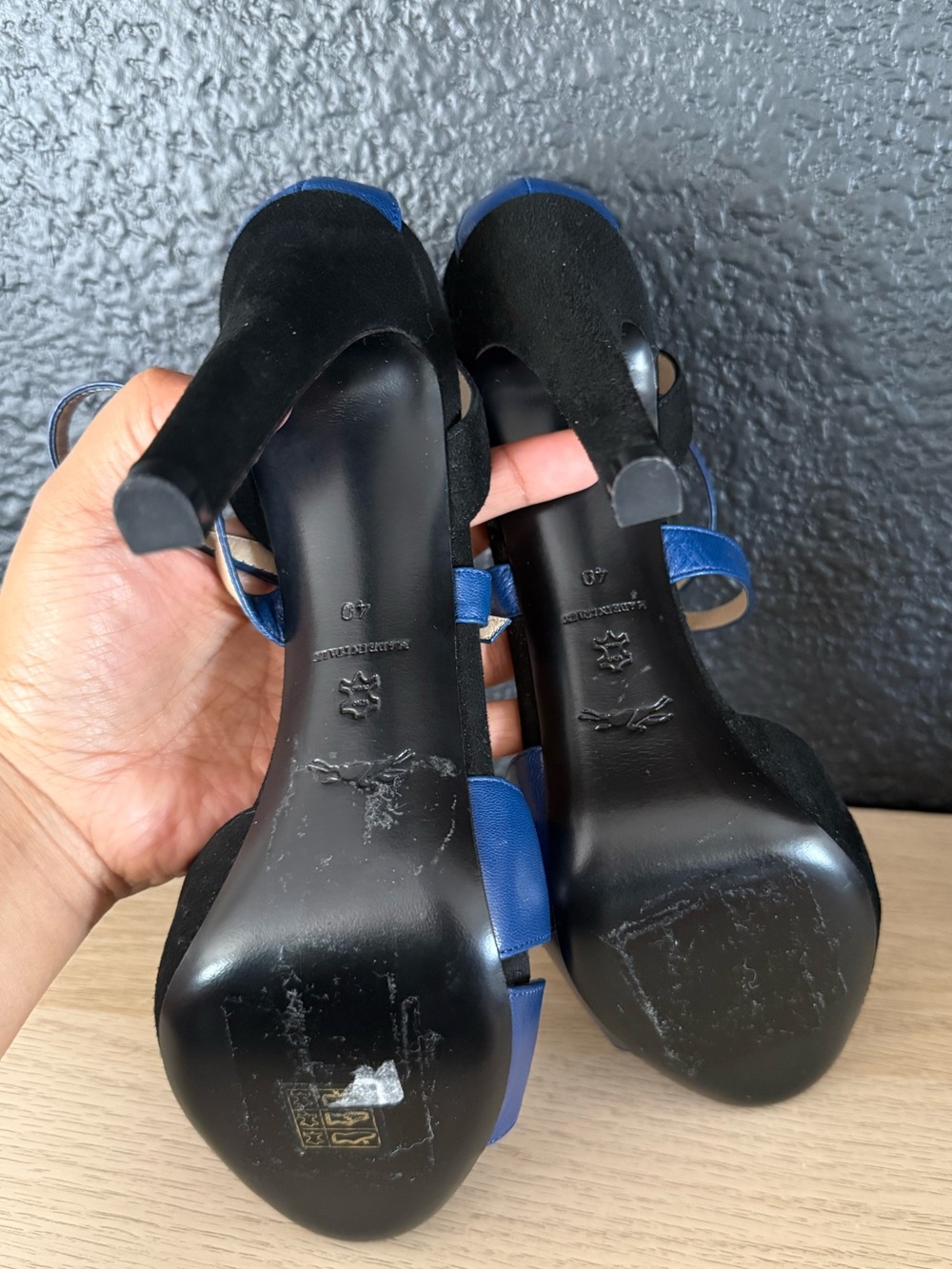 Longchamp suede leather straps heels sandals blue black-40 - Picture 5 of 8